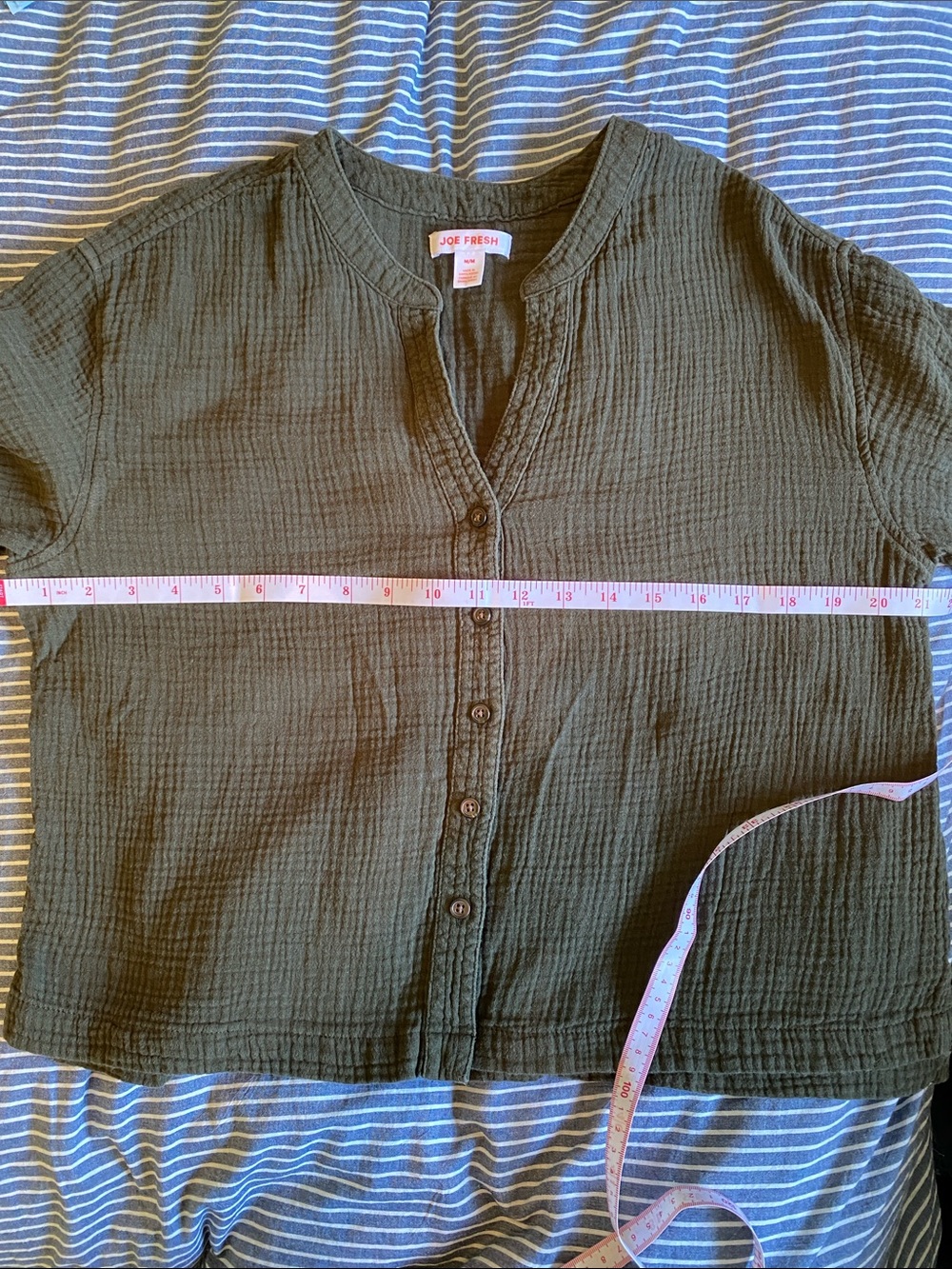 Olive Green Button-Front Gauze Blouse - Picture 9 of 9
